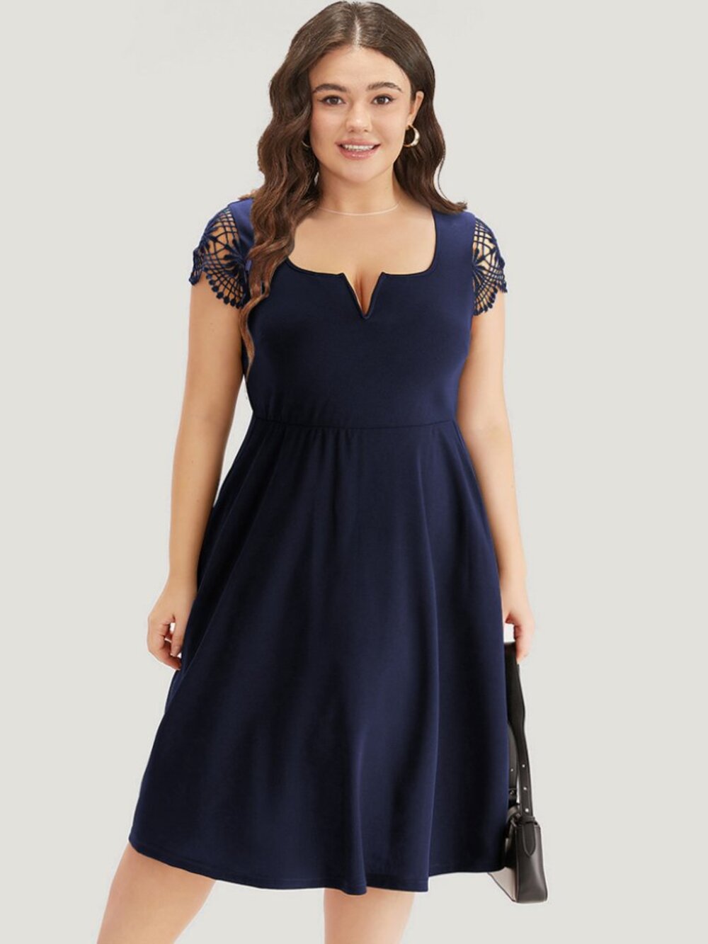 Solid Notched Pocket Cut Out Patchwork Dress